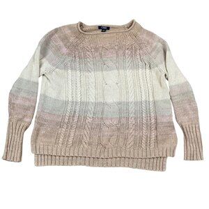 Chaps Women's Cable Knit Sweater M Beige Striped Cotton Blend